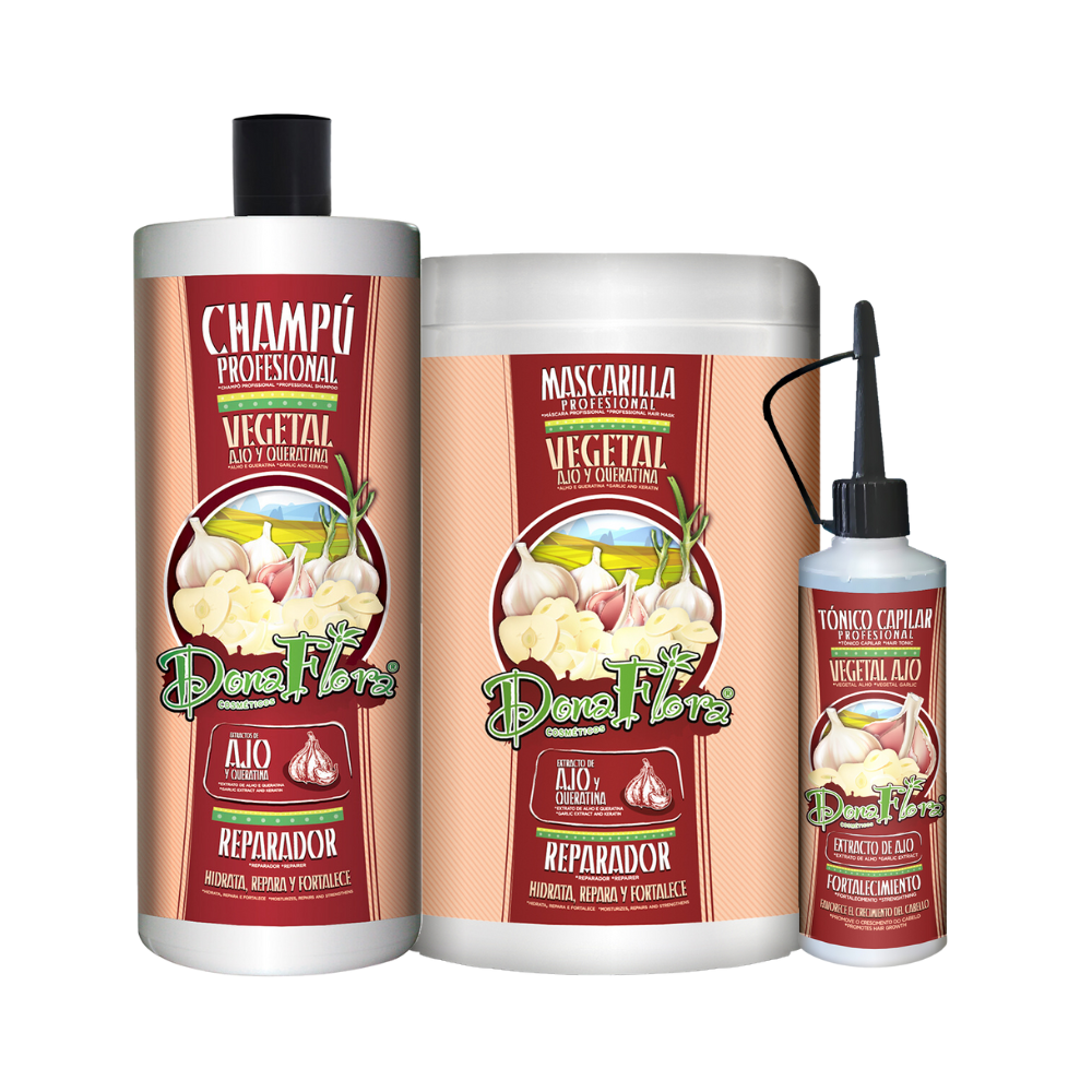 Dona Flora Garlic and Keratin - Mask (1KG) + Shampoo (1L) + Tonic (70ml)