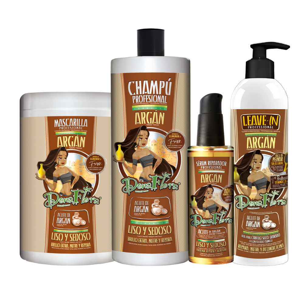 Dona Flora Argão Cabelos Secos - Máscara (1KG) + Champô (1L) + Leave-in (500ml) + Serum (100ml)