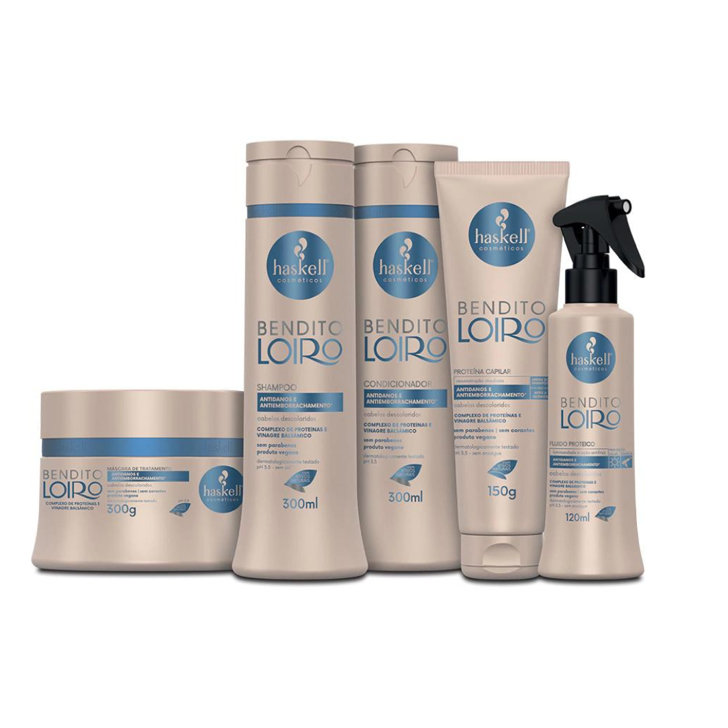 Set Haskell Bendito Loiro ACONDICIONADOR (300ml) + FLUIDO (120ml) + MASCARILLA (300gr) + CHAMPÚ (300ml) + PROTEÍNA (150gr)