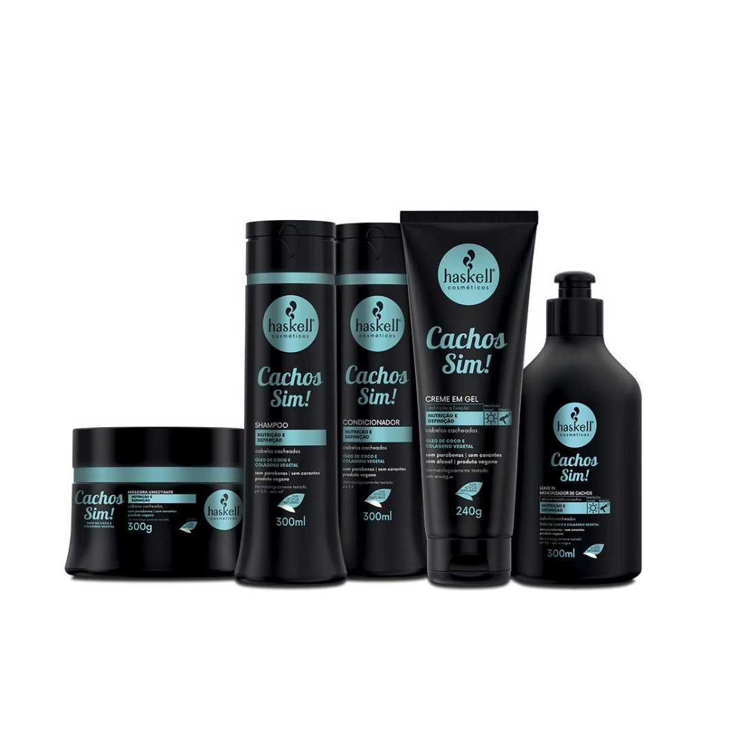 Set Haskell Cachos Sim ACONDICIONADOR (300 ml) + Gel (240 g) + MASCARILLA (300 g) + CHAMPÚ (300 ml) + Leave-in (150 g)