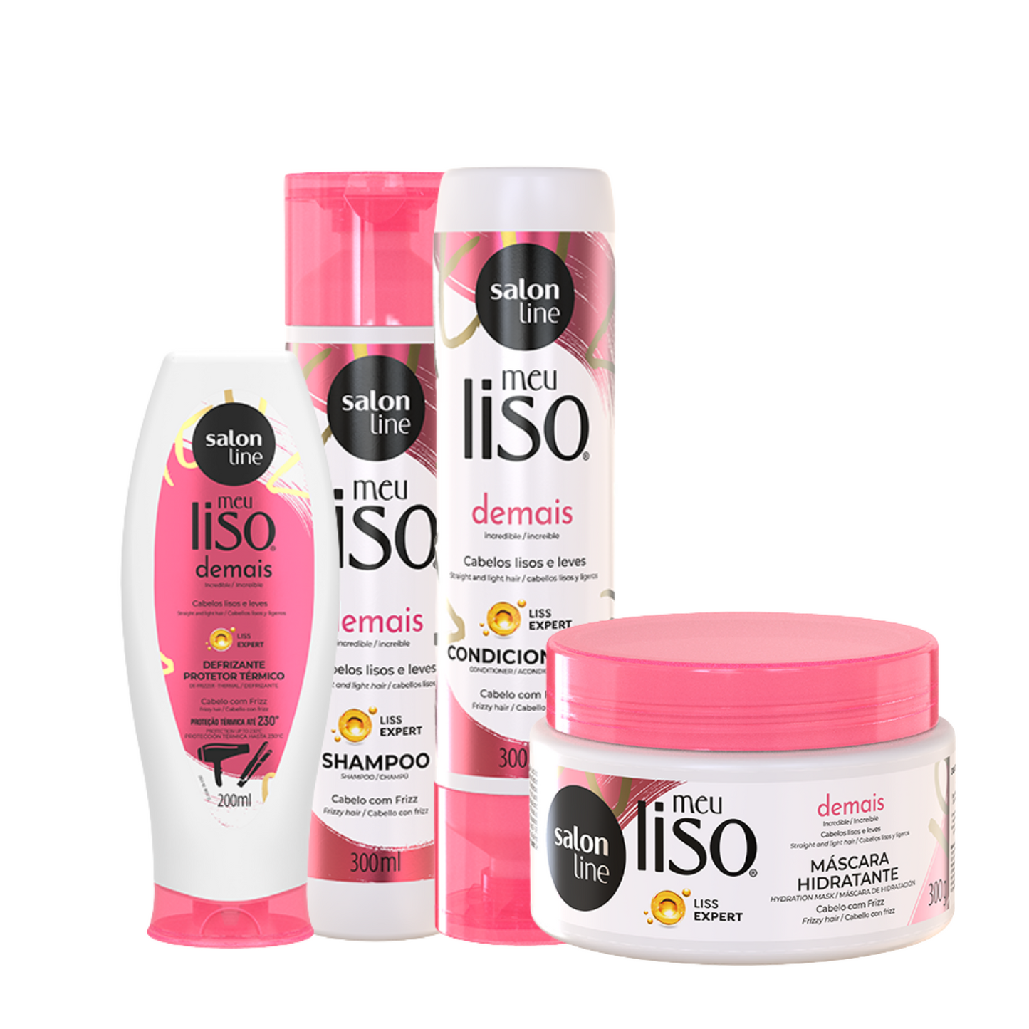 SALON LINE MEU LISO DEMAIS (SHAMPOO 300ML + CONDICIONADOR 300ML + MÁSCARA 300GR + DEFRIZANTE PROTETOR TÉRMICO 200ML)