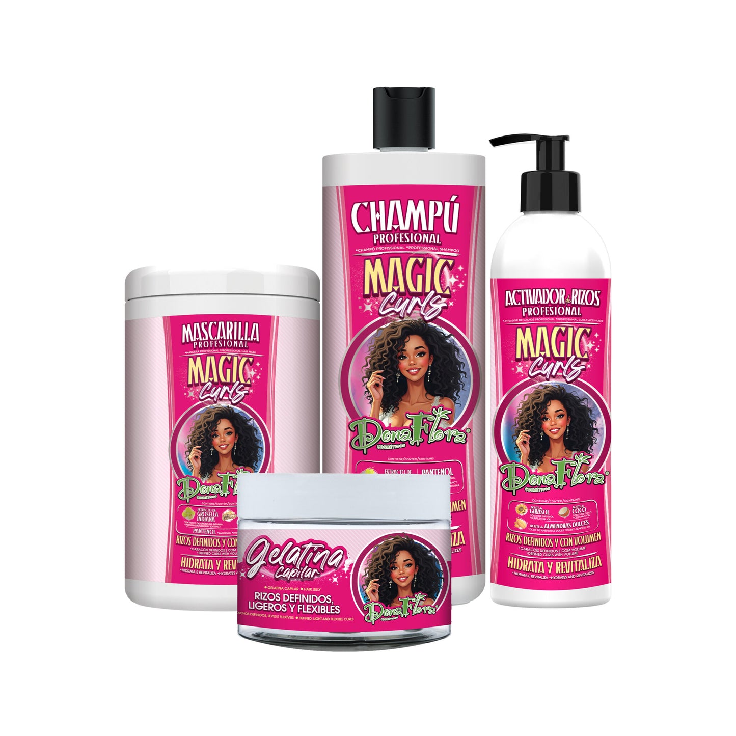CONJUNTO MAGIC CURLS (SHAMPOO 1000ML + MASCARA 1000ML + ATIVADOR 500ML + GELATINA 500ML)