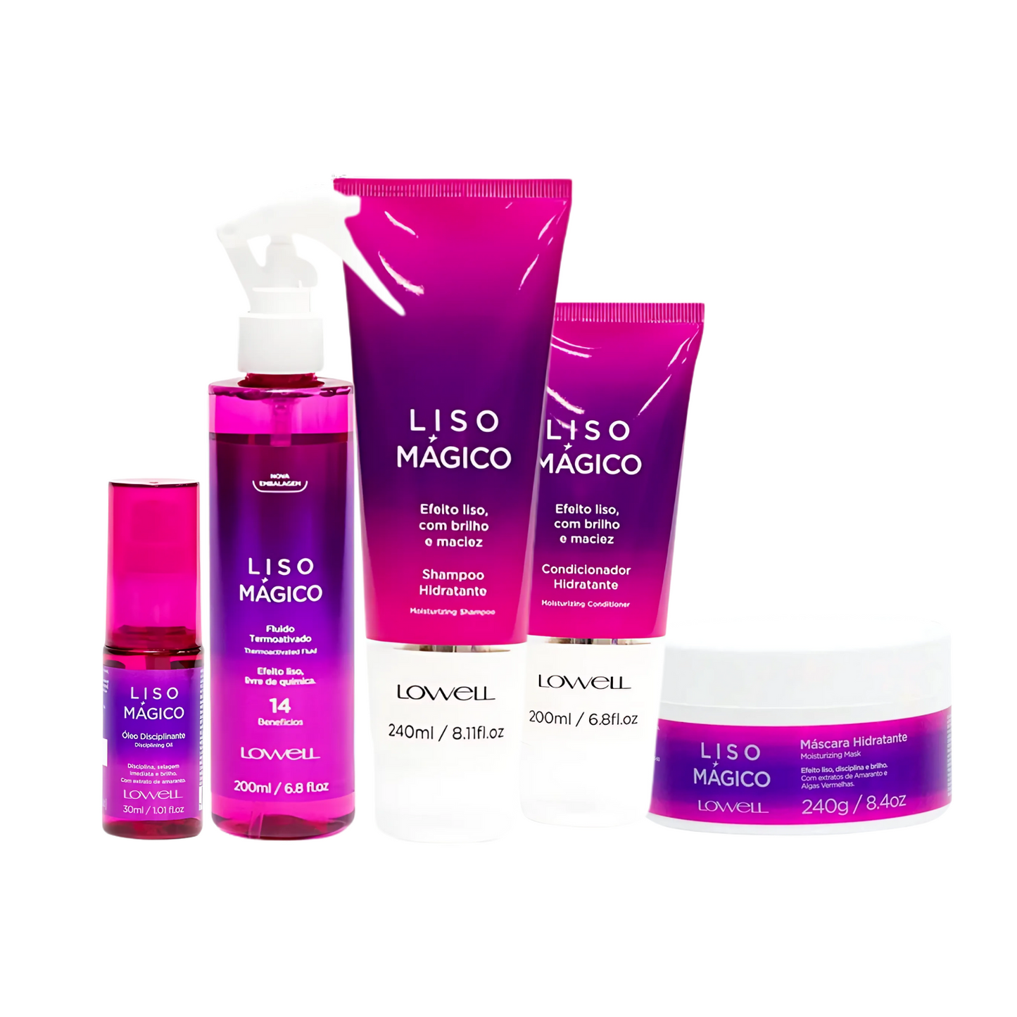 Lowell Liso Mágico Máscara (240Gr)+Shampoo (240gr)+Condicionador (200ml)+Fluido (200ml)+ Oleo(30ml)