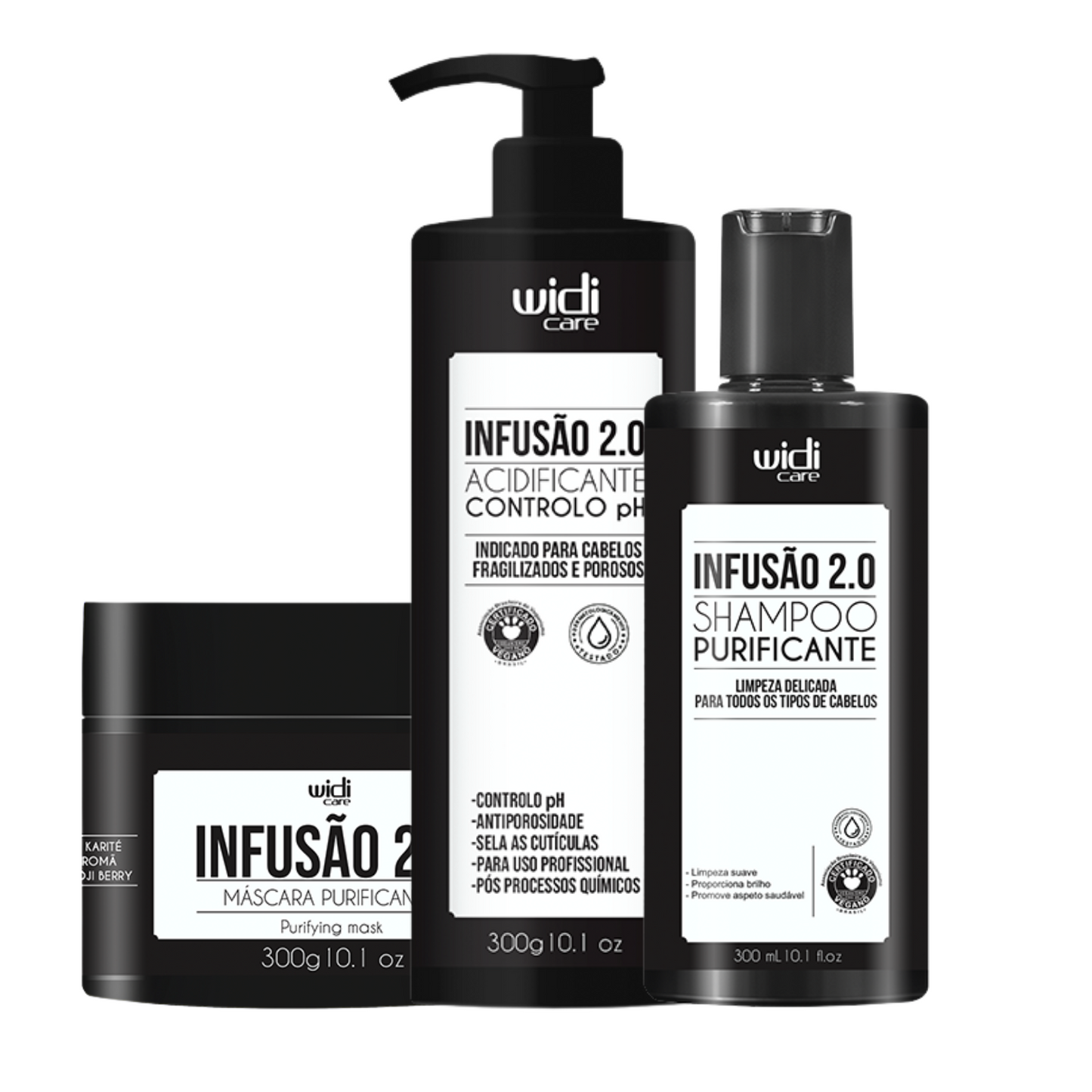 WIDI CARE INFUSÃO 2.0 ( SHAMPOO REVITALIZANTE 300ML + ACIDIFICANTE CONTROLO DE PH 300GR + MASCARA REVITALIZANTE 300GR )