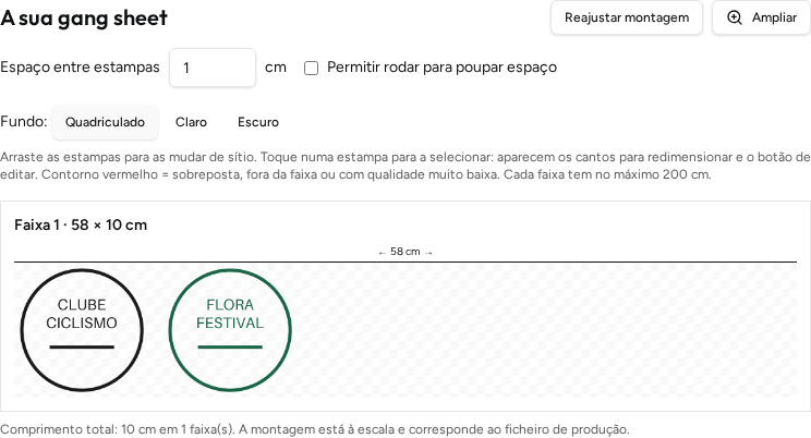 Montador do site com dois desenhos organizados na faixa, régua e opção de reajustar montagem