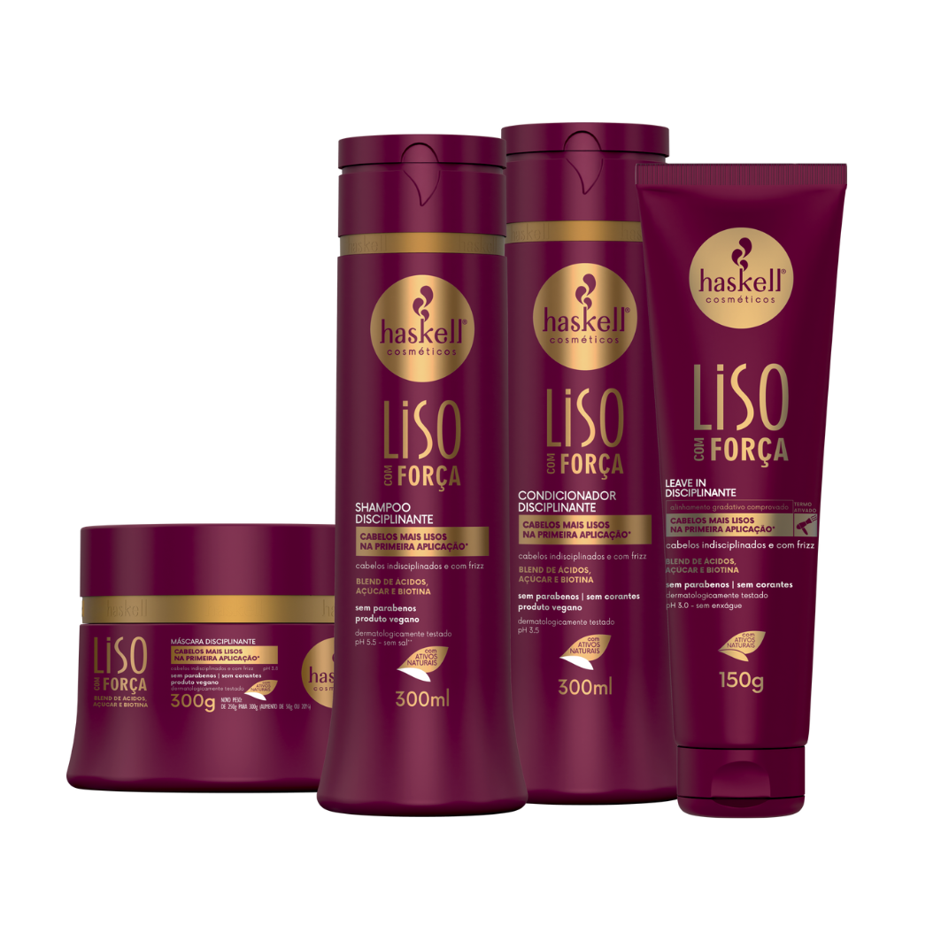 Conjunto Haskell Liso Com Força CONDICIONADOR (300ml) + MASCARA (300gr) +SHAMPOO (300ml) + Leave-in (150gr)