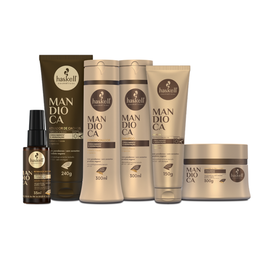 Conjunto Haskell Mandioca CONDICIONADOR (300ml) +Ativador (240gr) + MASCARA (300gr) +SHAMPOO (300ml) + Leave-in (150gr)+ Reparador(35ml)