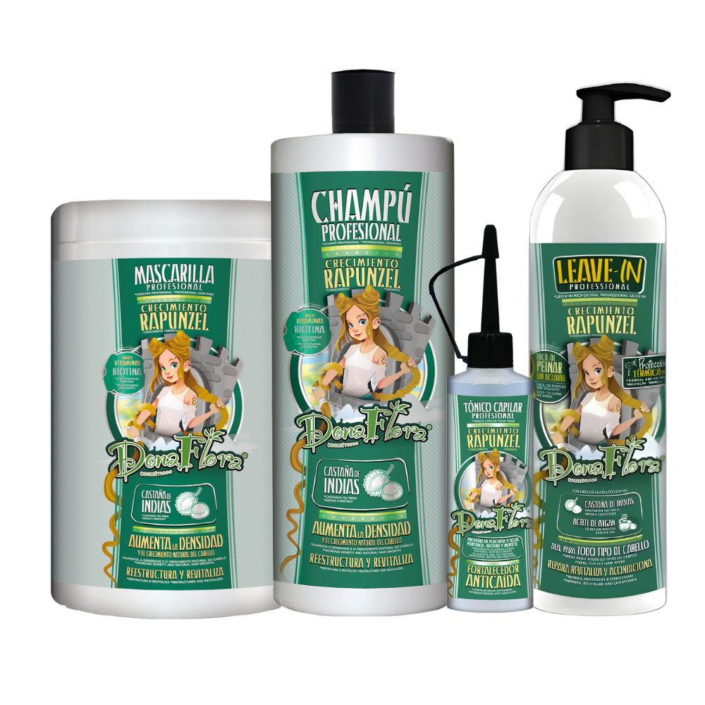 Dona Flora Rapunzel Crecimiento Intensivo Capilar - Mascarilla (1KG) + Champú (1L) + Sin aclarado (500ml) + Tónico (70ml)