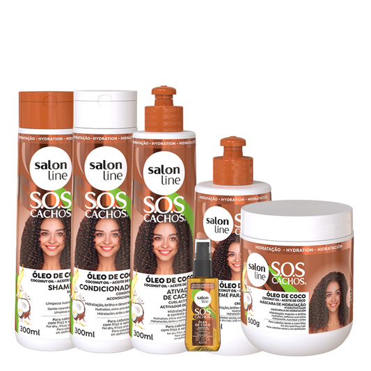 Salon Line SOS ÓLEO DE COCO TRAT (SHAMPOO 300ML + CONDICIONADOR 300ML + ATIVADOR 300ML + CREME DE PENTEAR 300ML + MÁSCARA 500GR + ÓLEO HIDRATAÇÃO 42ML)