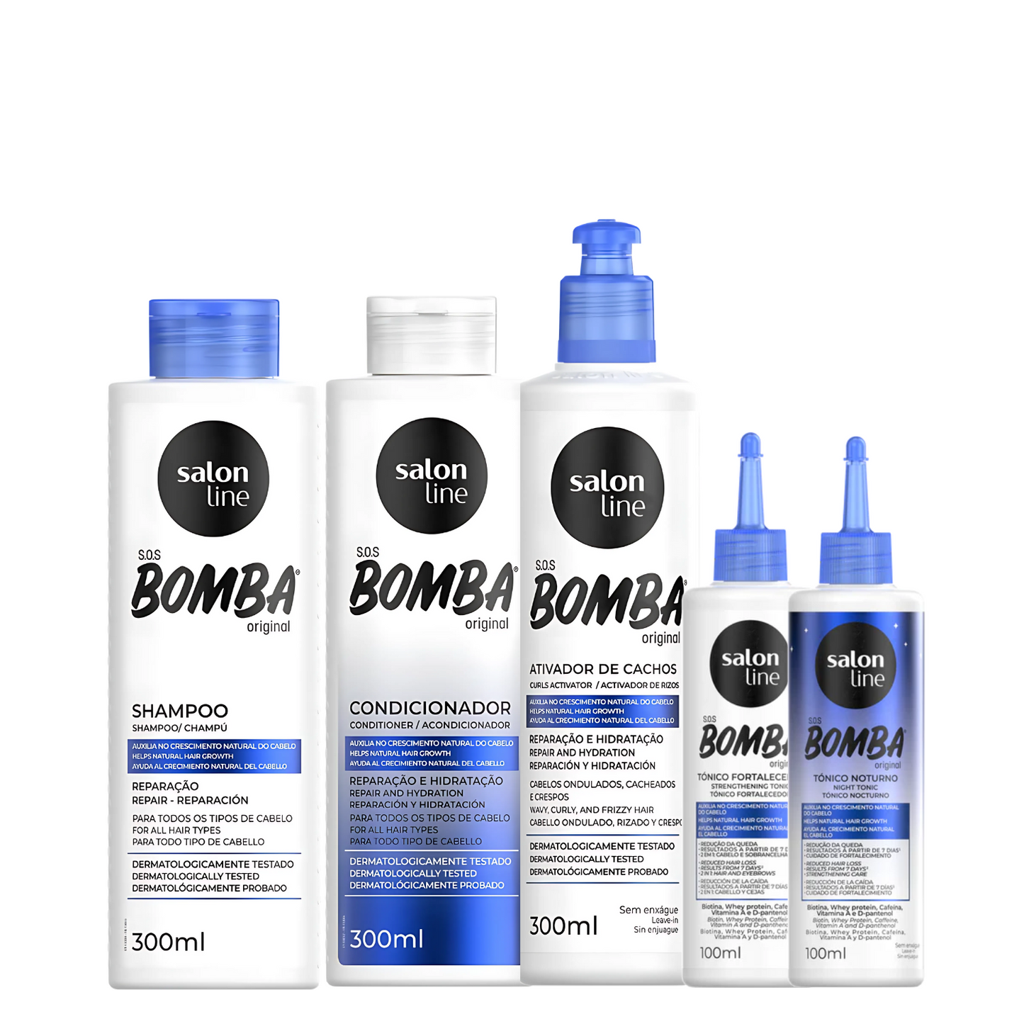 SALON LINE SOS BOMBA ORIGINAL (SHAMPOO 300ML + CONDI 300ML + ATIVADOR 300ML + TÔNICO FORTALECEDOR 100ML + TÔNICO NOTURNO 100ML))