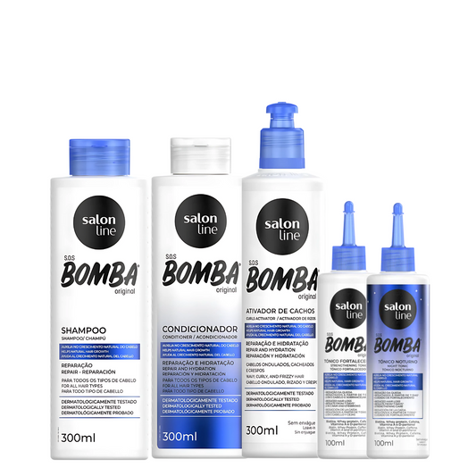 SALON LINE SOS BOMBA ORIGINAL (SHAMPOO 300ML + CONDI 300ML + ATIVADOR 300ML + TÔNICO FORTALECEDOR 100ML + TÔNICO NOTURNO 100ML))