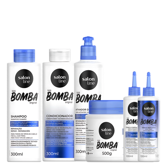 SALON LINE SOS BOMBA ORIGINAL (SHAMPOO 300ML + CONDI 300ML + MÁSCARA 500GR + ATIVADOR 300ML + TÔNICO FORTALECEDOR 100ML + TÔNICO NOTURNO 100ML)