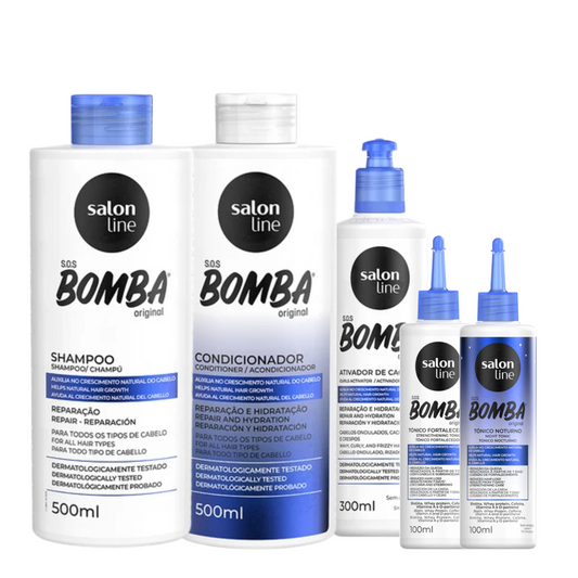 SALON LINE SOS BOMBA ORIGINAL (SHAMPOO 500ML + CONDI 500ML + ATIVADOR 300ML + TÔNICO FORTALECEDOR 100ML + TÔNICO NOTURNO 100ML))
