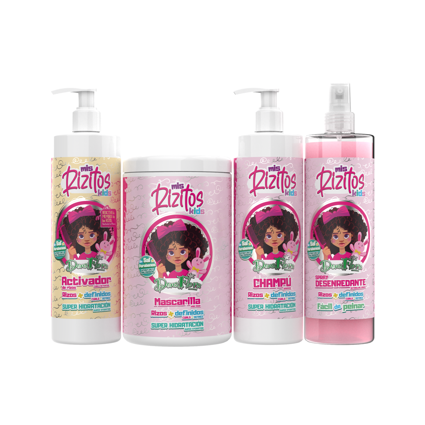 Dona Flora Mis Rizos Kids cabelo encaracolado - Máscara (1KG) + Champô (500ml) + Ativador (500ml) + Spray Desembaracante (500ml)