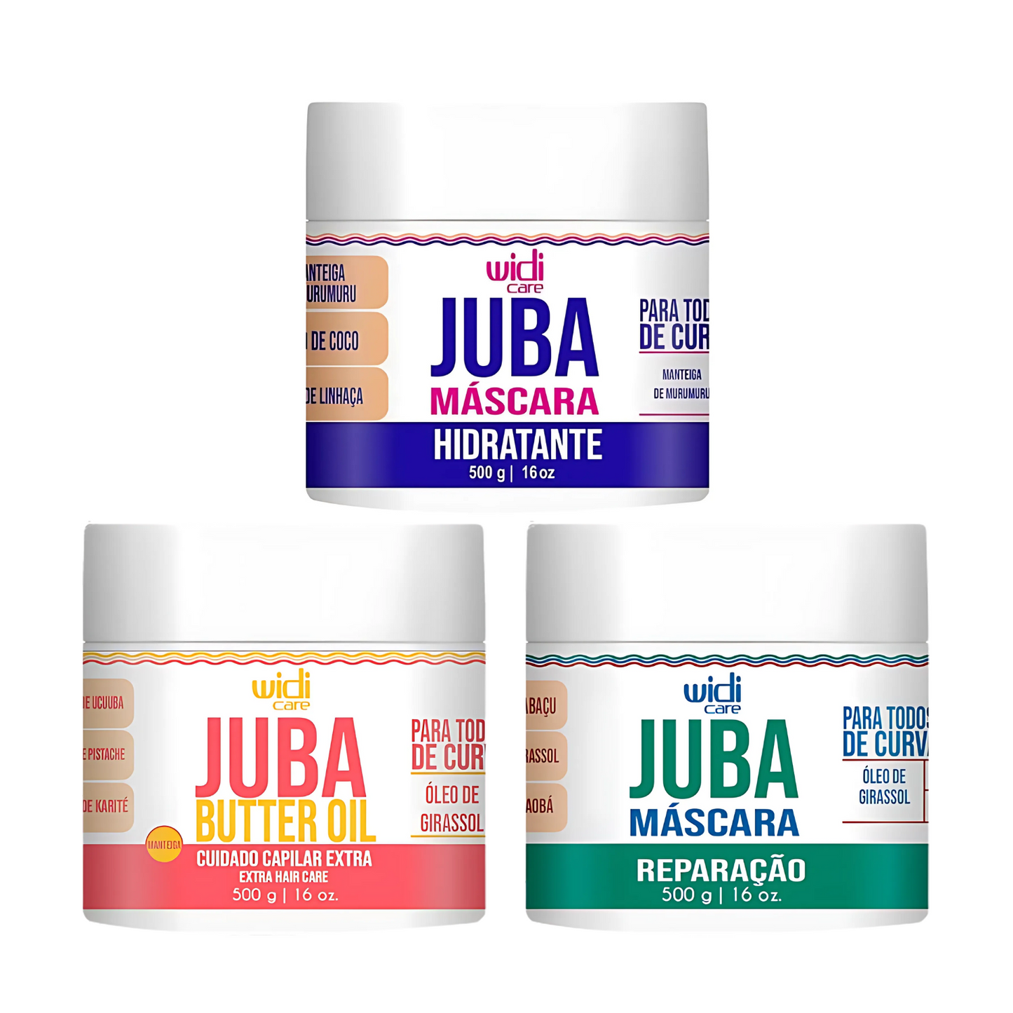 Widi Care Cronograma Capilar Máscaras Juba ( Widi Care Juba Butter Oil Máscara Nutritiva 500g + Widi Care Juba Máscara De Reparação 500g + Widi Care Juba Máscara Hidro-Nutritiva Ação Condicionante 500g )