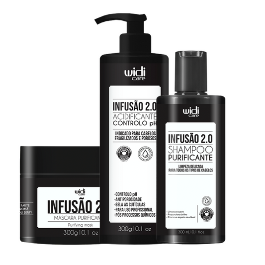 WIDI CARE INFUSÃO 2.0 ( SHAMPOO REVITALIZANTE 300ML + ACIDIFICANTE CONTROLO DE PH 300GR + MASCARA REVITALIZANTE 300GR )